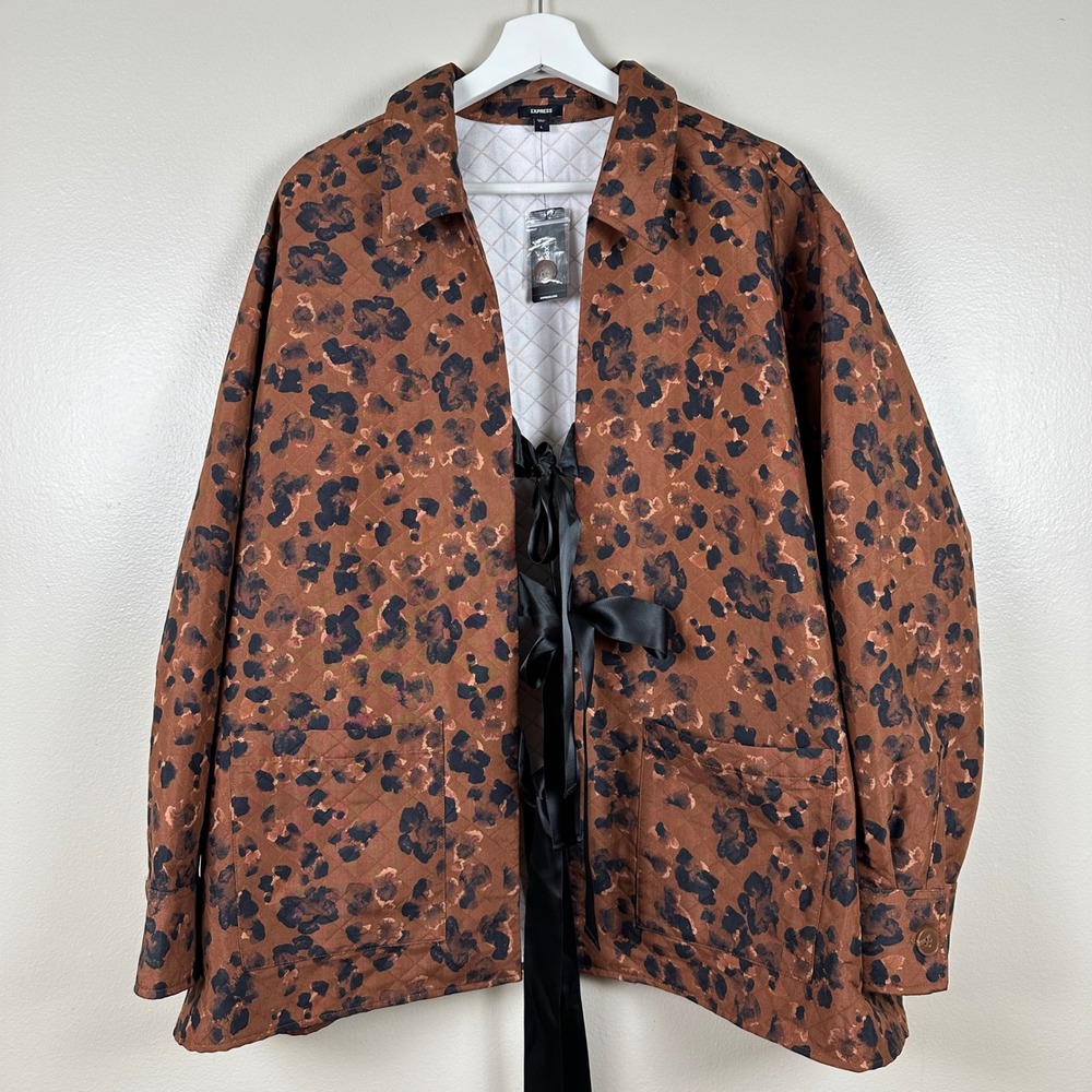Express Women's L Quilted Shirt Jacket Brown Leopard Lace-Up NEW